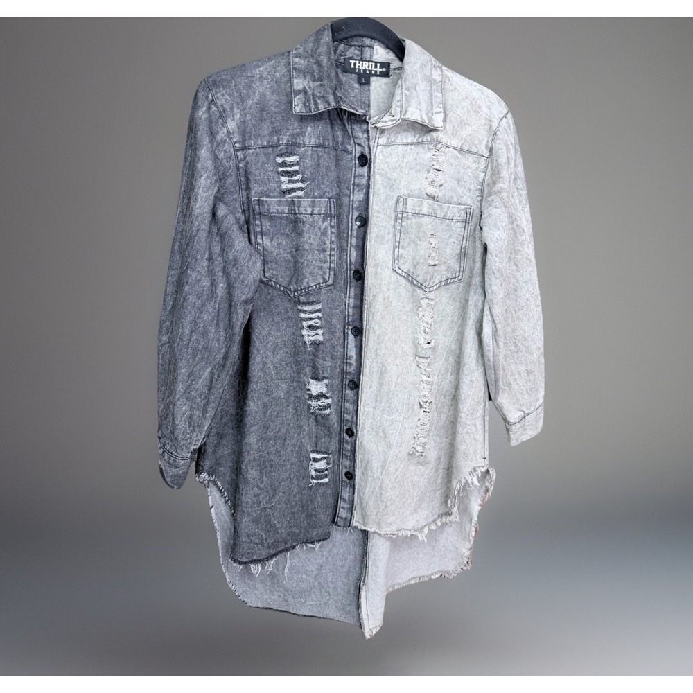 Thrill Jeans Distressed Split Large Denim Shirt Acid Wash Raw Hem Grunge Y2K